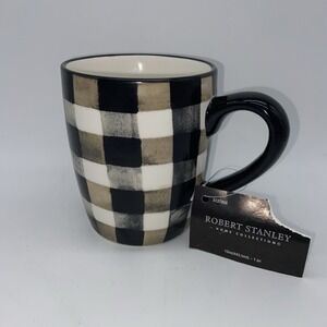 Robert Stanley Coffee Mug Cup Black White Khaki Buffalo Plaid‎ Check NEW